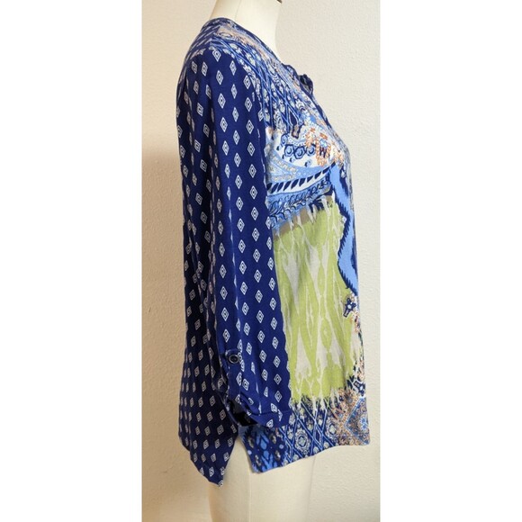 Women's CHICO'S Ikat Print Roll Tab 3/4 Slv Multicolored Cotton/Modal T-Shirt SM - Picture 7 of 11